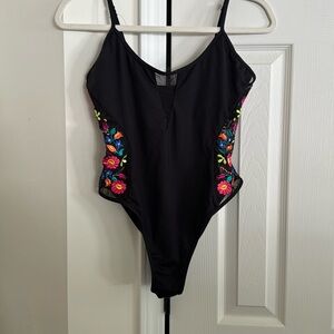 Kenneth Cole Black Bathing Suit with Mesh Embroidery